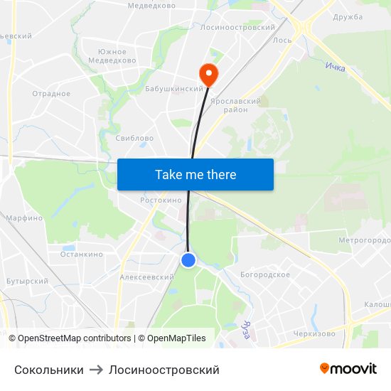 Сокольники to Лосиноостровский map