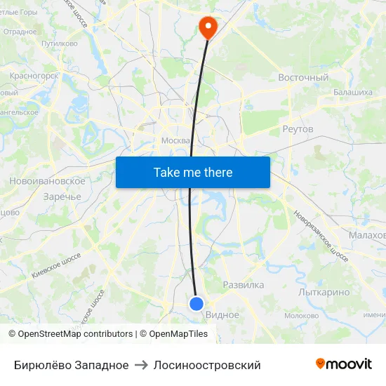 Бирюлёво Западное to Лосиноостровский map