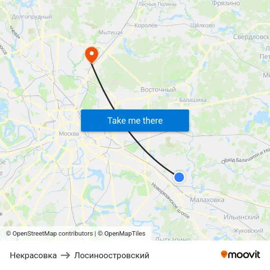 Некрасовка to Лосиноостровский map