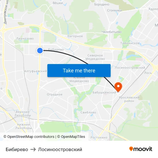 Бибирево to Лосиноостровский map