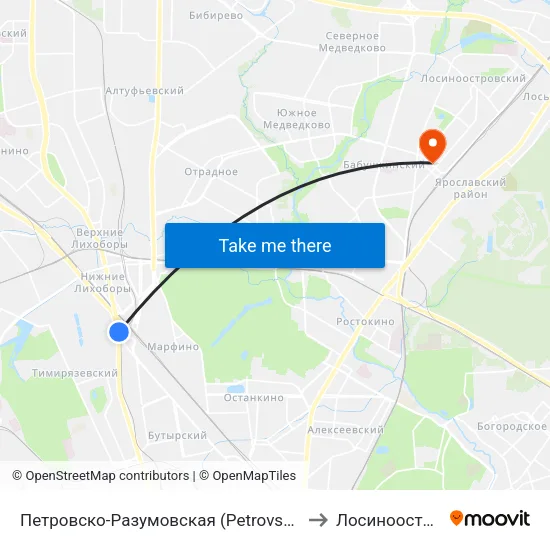 Петровско-Разумовская (Petrovsko-Razumovskaya) to Лосиноостровский map