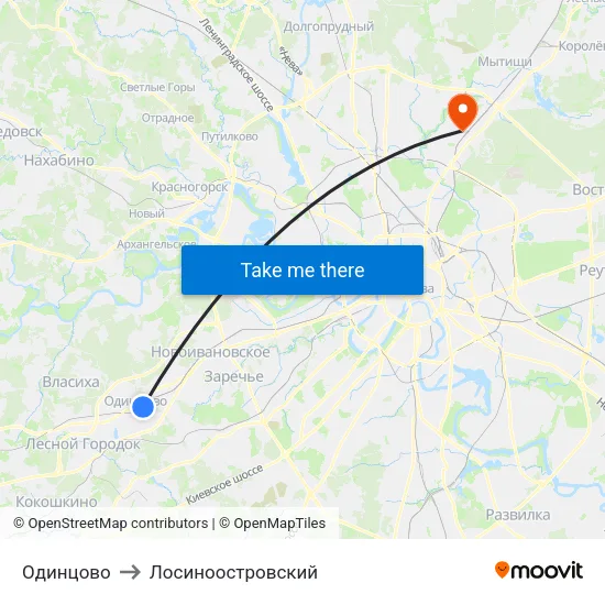 Одинцово to Лосиноостровский map