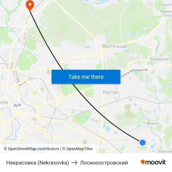 Некрасовка (Nekrasovka) to Лосиноостровский map