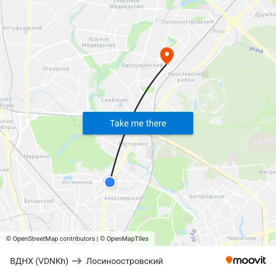 ВДНХ (VDNKh) to Лосиноостровский map