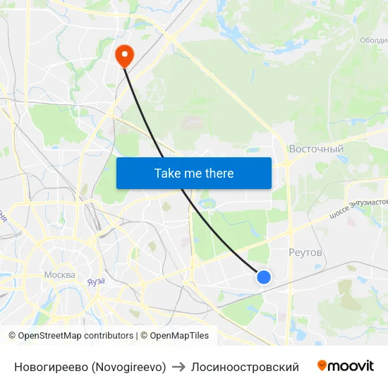 Новогиреево (Novogireevo) to Лосиноостровский map