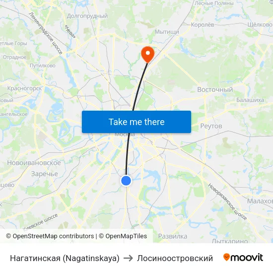 Нагатинская (Nagatinskaya) to Лосиноостровский map