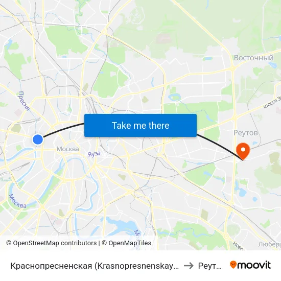 Краснопресненская (Krasnopresnenskaya) to Реутов map