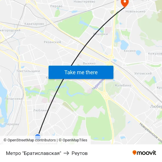 Метро "Братиславская" to Реутов map