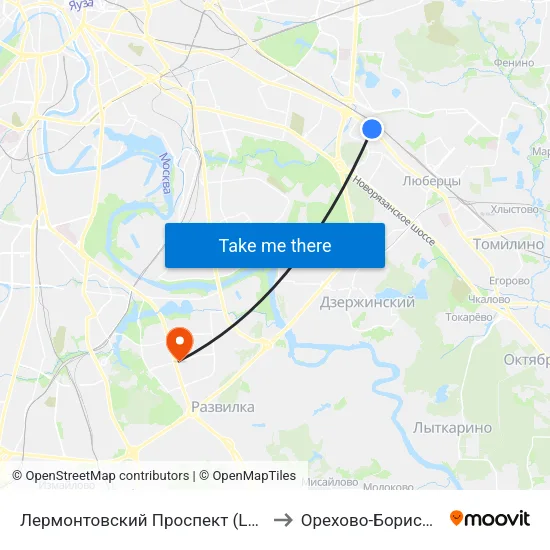 Лермонтовский Проспект (Lermontovsky Prospekt) to Орехово-Борисово Северное map