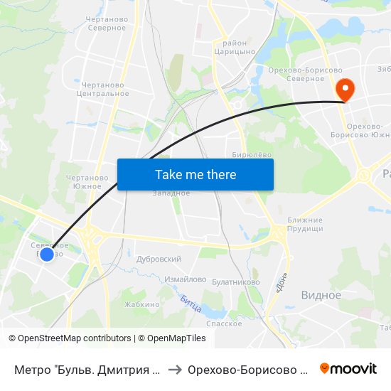 Метро "Бульв. Дмитрия Донского" to Орехово-Борисово Северное map