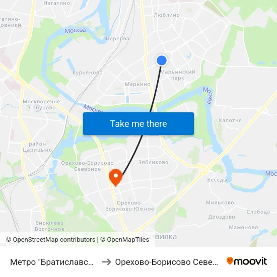 Метро "Братиславская" to Орехово-Борисово Северное map