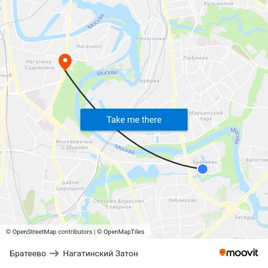 Братеево to Нагатинский Затон map