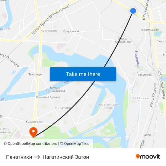 Печатники to Нагатинский Затон map
