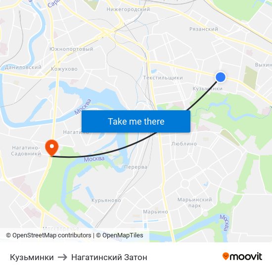 Кузьминки to Нагатинский Затон map