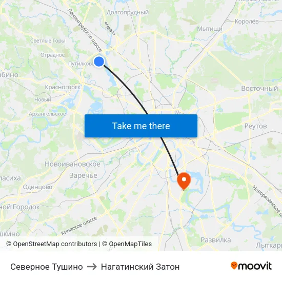 Северное Тушино to Нагатинский Затон map