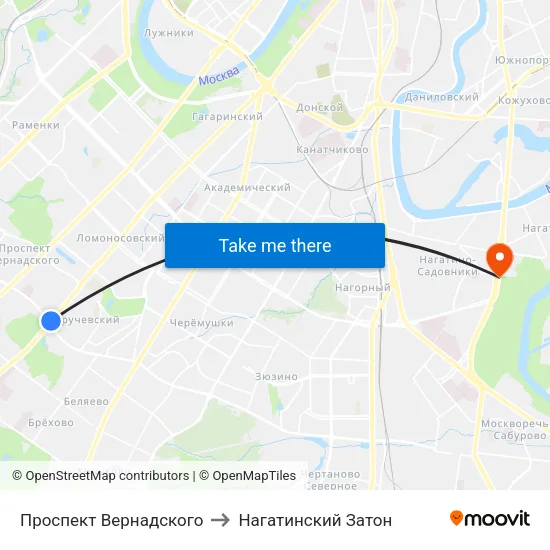 Проспект Вернадского to Нагатинский Затон map