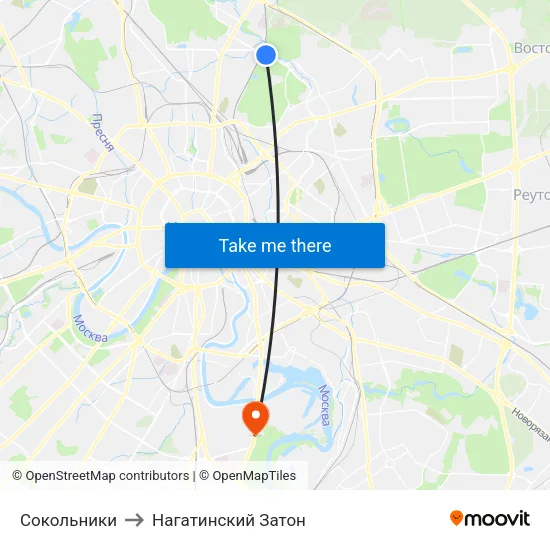 Сокольники to Нагатинский Затон map