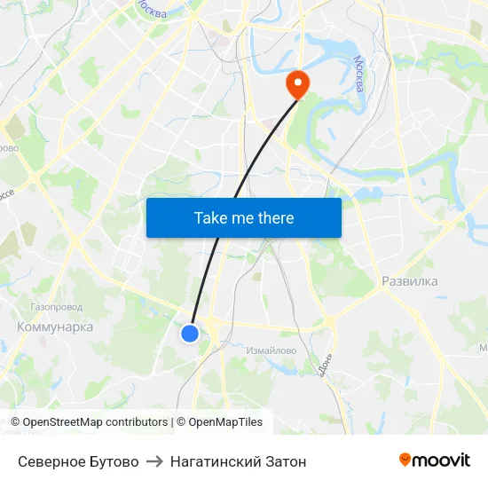 Северное Бутово to Нагатинский Затон map
