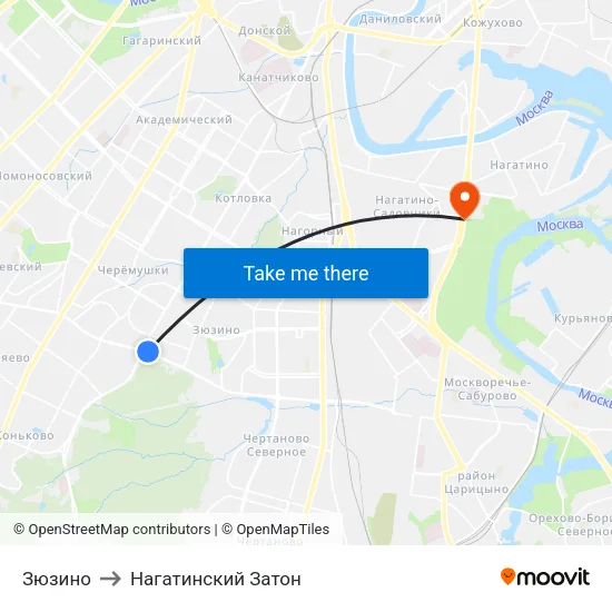 Зюзино to Нагатинский Затон map