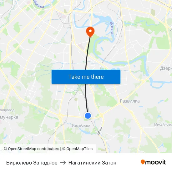 Бирюлёво Западное to Нагатинский Затон map