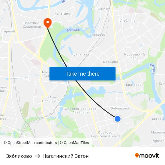 Зябликово to Нагатинский Затон map