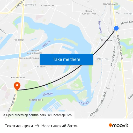 Текстильщики to Нагатинский Затон map