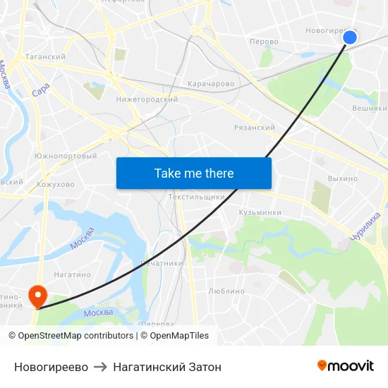 Новогиреево to Нагатинский Затон map