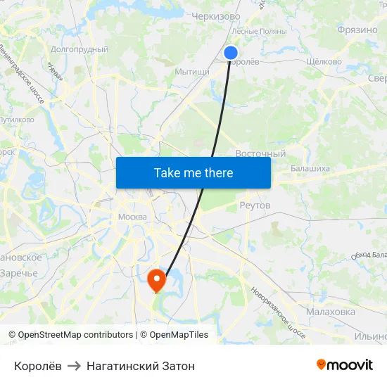 Королёв to Нагатинский Затон map