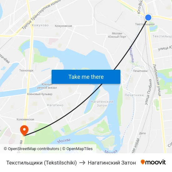 Текстильщики (Tekstilschiki) to Нагатинский Затон map
