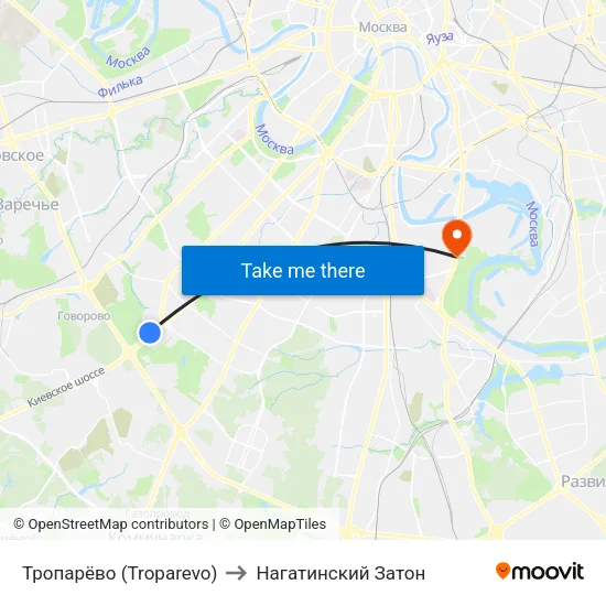 Тропарёво (Troparevo) to Нагатинский Затон map