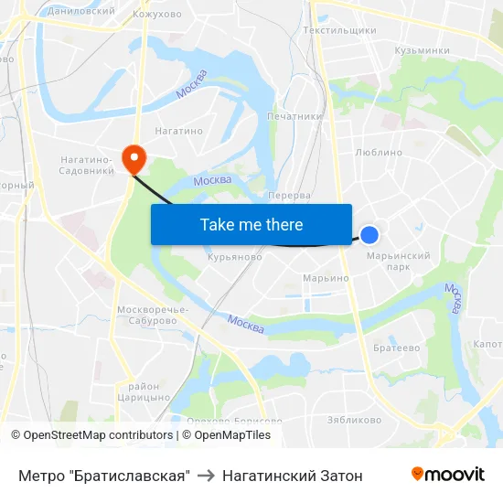 Метро "Братиславская" to Нагатинский Затон map