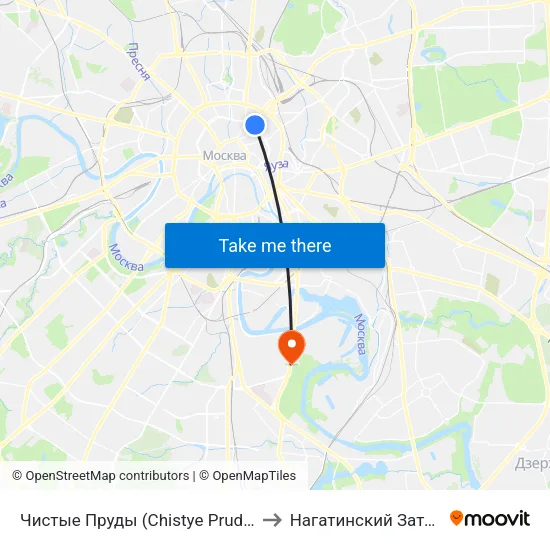 Чистые Пруды (Chistye Prudy) to Нагатинский Затон map