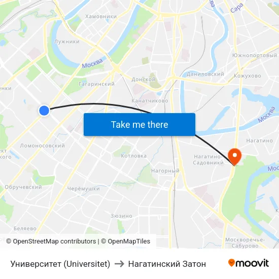 Университет (Universitet) to Нагатинский Затон map