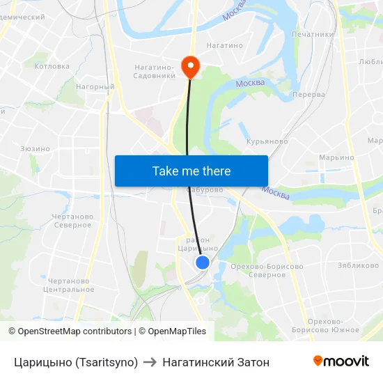 Царицыно (Tsaritsyno) to Нагатинский Затон map
