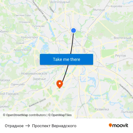 Отрадное to Проспект Вернадского map