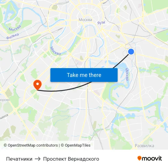 Печатники to Проспект Вернадского map