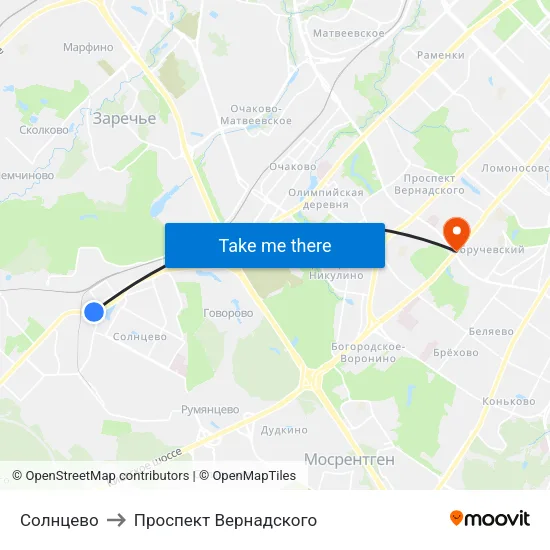 Солнцево to Проспект Вернадского map