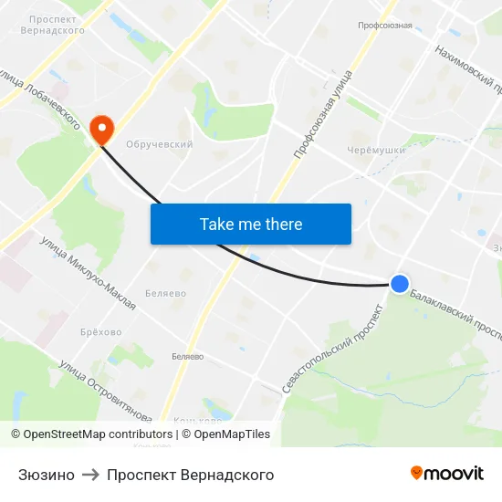Зюзино to Проспект Вернадского map