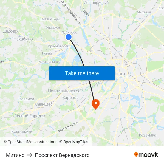 Митино to Проспект Вернадского map