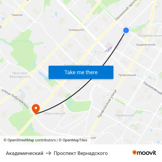 Академический to Проспект Вернадского map