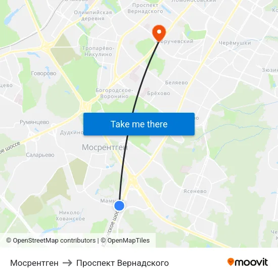 Мосрентген to Проспект Вернадского map