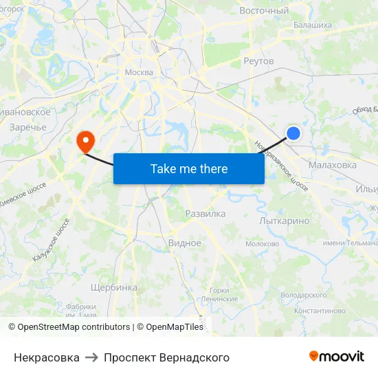 Некрасовка to Проспект Вернадского map