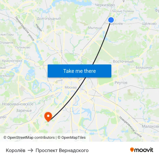 Королёв to Проспект Вернадского map