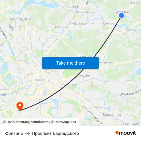 Фрязино to Проспект Вернадского map