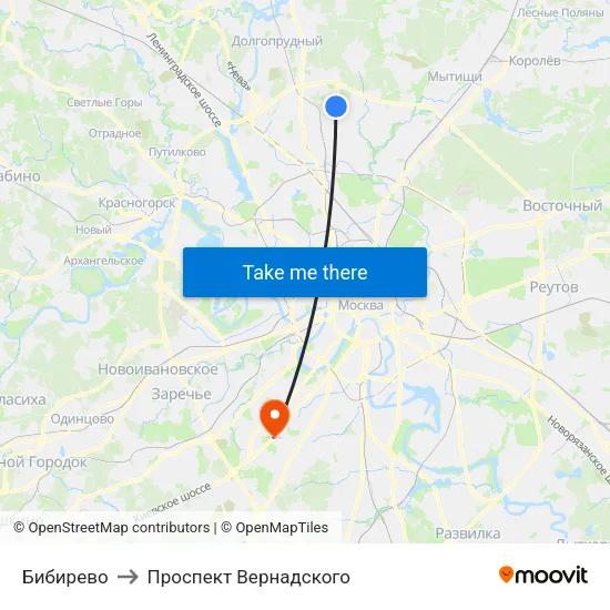 Бибирево to Проспект Вернадского map