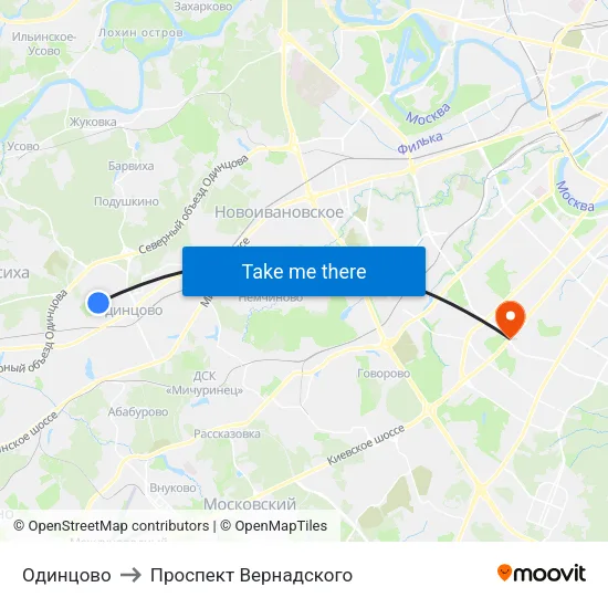 Одинцово to Проспект Вернадского map
