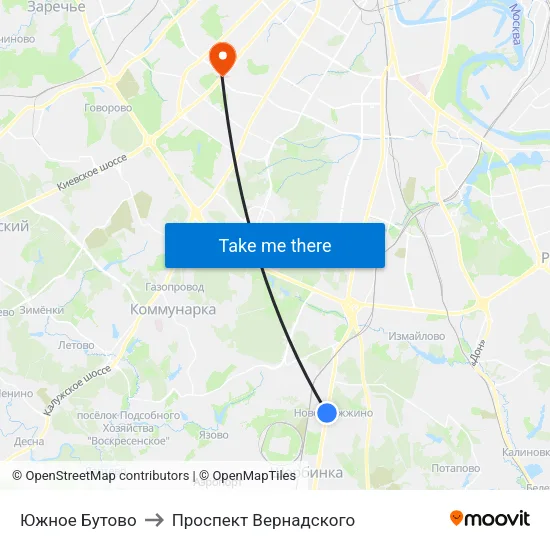 Южное Бутово to Проспект Вернадского map