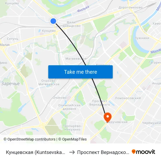 Кунцевская (Kuntsevskaya) to Проспект Вернадского map