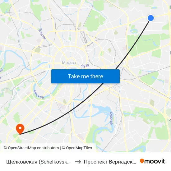 Щелковская (Schelkovskaya) to Проспект Вернадского map