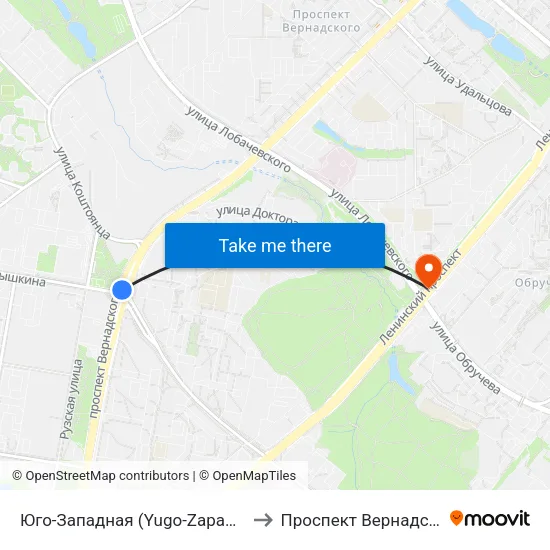 Юго-Западная (Yugo-Zapadnaya) to Проспект Вернадского map